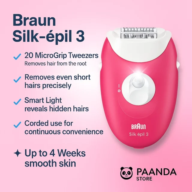 ✨ Smooth Skin Made Easy with Braun Silk-épil 3 (SE 3032) ✨

✔ 20 MicroGrip Tweezers remove hair from the root
✔ Removes even short hairs precisely
✔ Smart Light reveals hidden hairs
✔ Corded use for continuous convenience
✔ Enjoy up to 4 weeks of smooth skin 💗

💎 Available now at Paanda Store 🐼

#Braun #SilkEpil3 #HairRemoval #SmoothSkin #BeautyCare #Epilation #PaandaStore