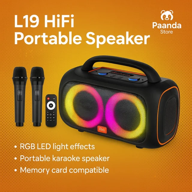 🔊 L19 HiFi Portable Bluetooth Speaker
Bring the party anywhere with powerful sound and vibrant RGB lights!

✨ Key Features:

✅ RGB LED light effects

✅ Portable karaoke setup with dual mics

✅ Memory card compatible

🔥 Music, fun, and freedom — all in one box!
Available now at Paanda Store 🎶

#PaandaStore #BluetoothSpeaker #KaraokeSpeaker #PortableSpeaker #rgblights
